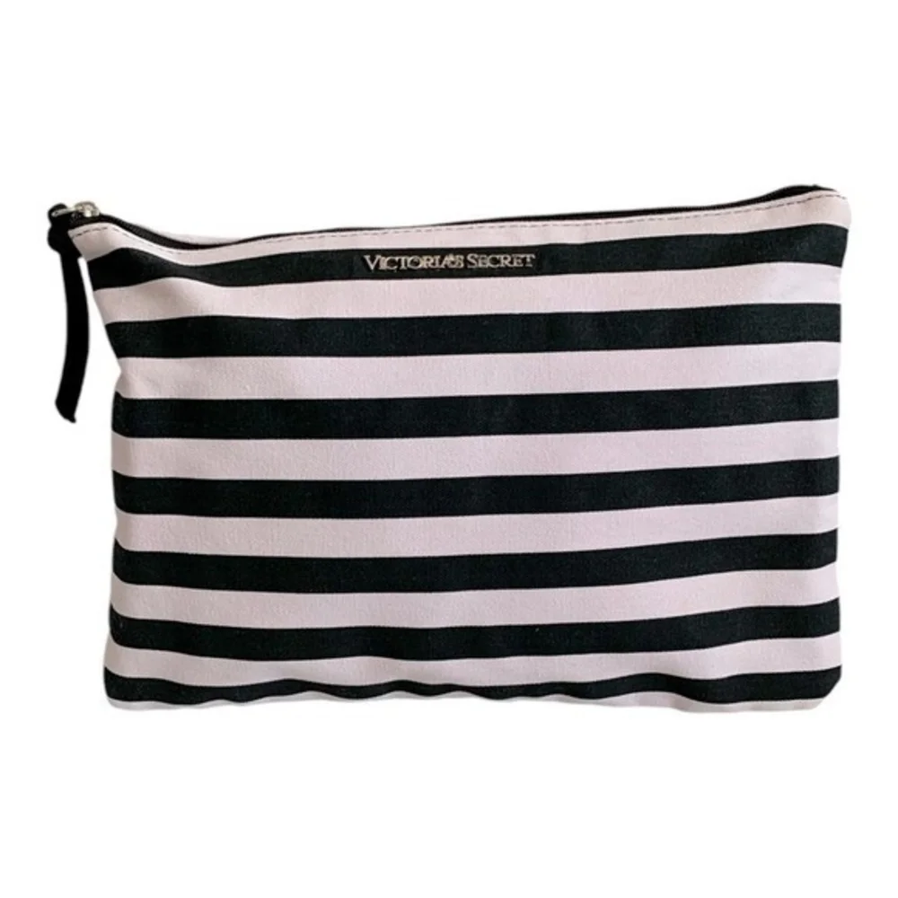 Victoria’s Secret Duffel Bag Black Pink Stripe Canvas with Makeup Case